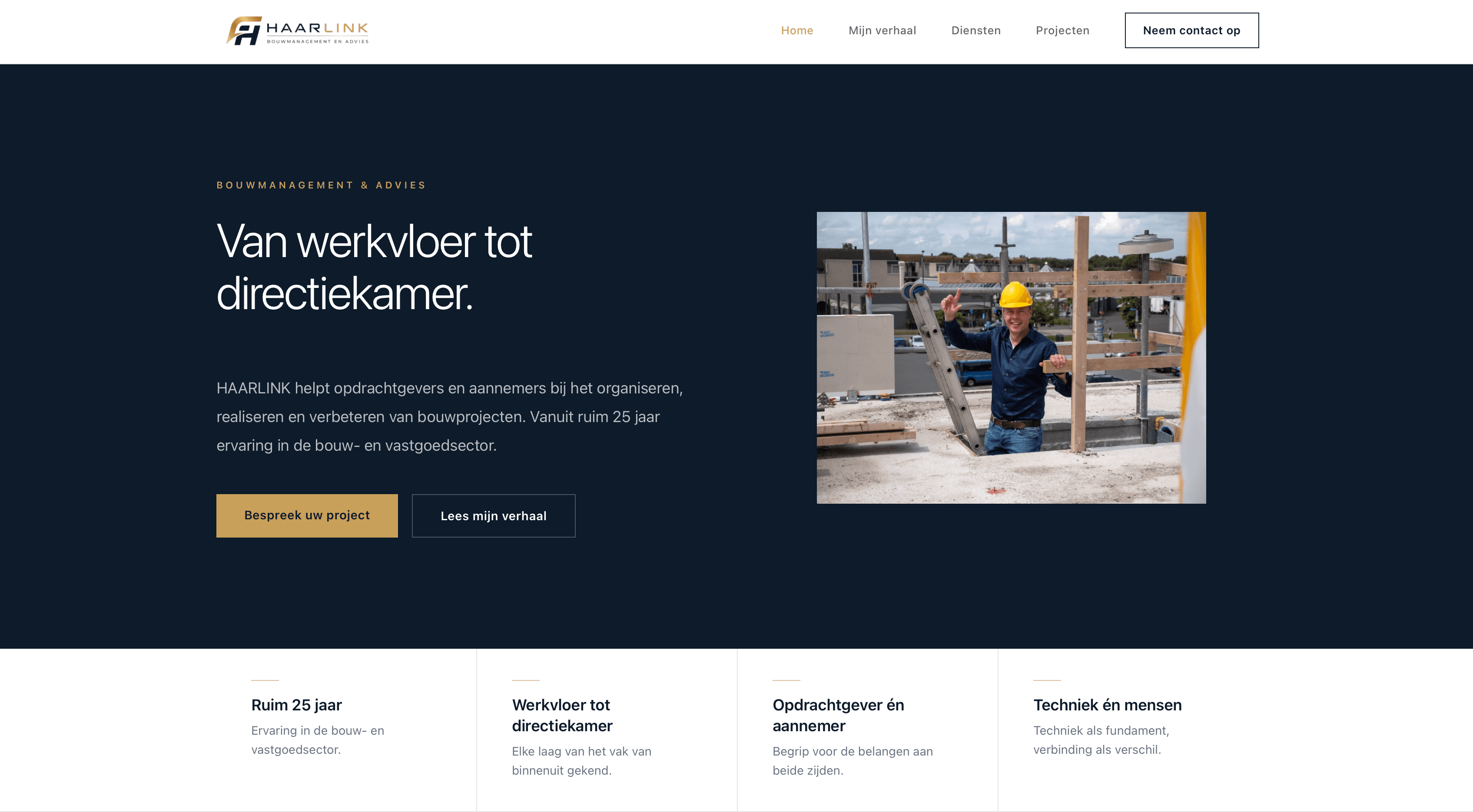 Screenshot van de website van Haarlink Bouwmanagement